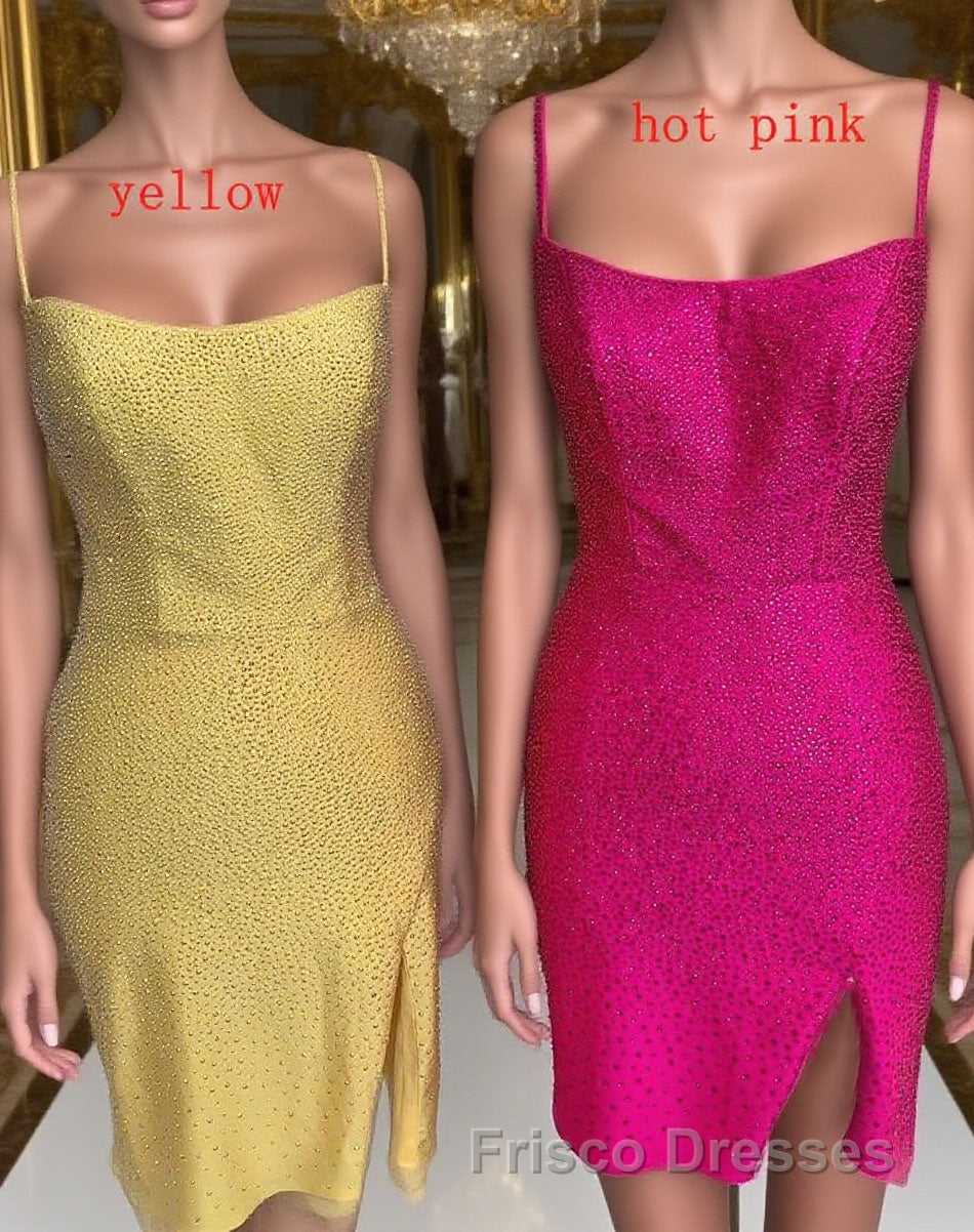 Short Tight Yellow Homecoming Dress,Crystal Beaded Semi Formal Prom Dress