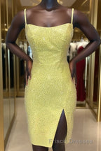 Short Tight Yellow Homecoming Dress with Lace Up