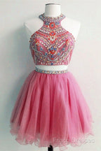 Short Two Piece Formal Prom Dress Beaded Top