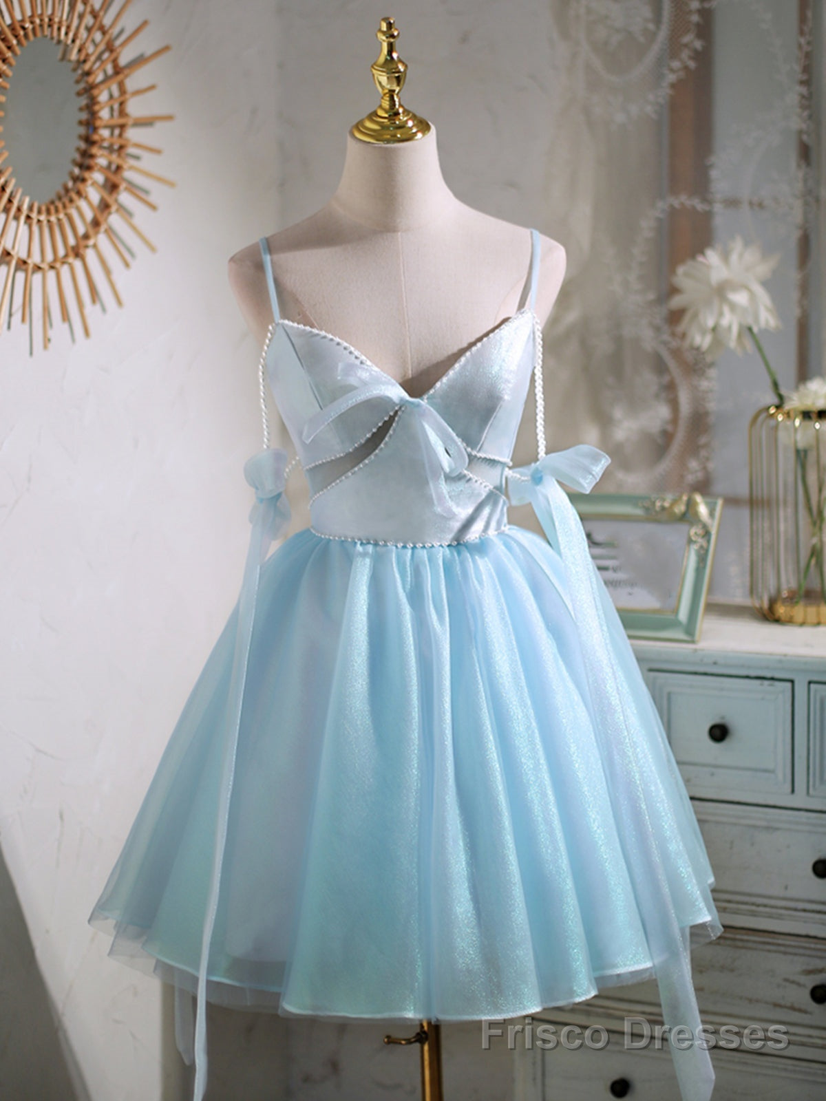Short V Neck Beaded Blue Prom Dresses, Short Blue V Neck Formal Homecoming Dresses Main image