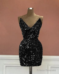 Short V-Neck Black Sequin Tight Dress