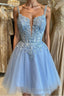 Short V Neck Blue Lace Formal Prom Dresses, V Neck Short Blue Lace Formal Homecoming Dresses