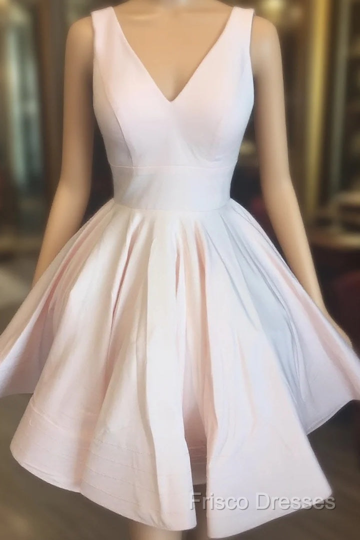 Short V Neck Light Pink Satin Formal Prom Dress, Short V Neck Pink Formal Graduation Dress Main image