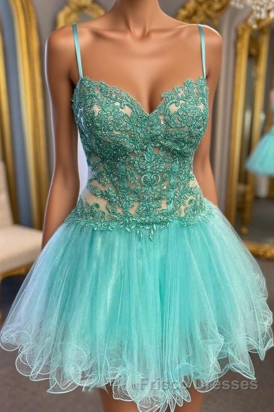 Short V Neck Mint Green Lace Formal Prom Dresses, Short Mint Green Lace Formal Homecoming Dresses Main image