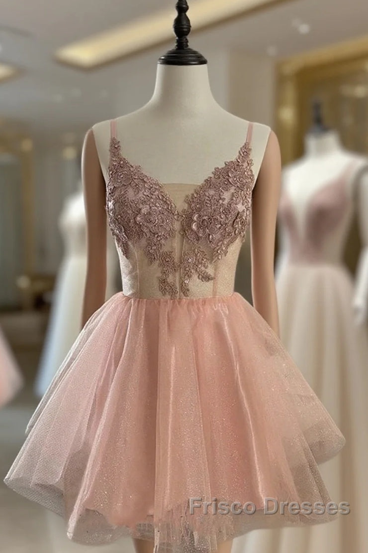Short V Neck Pink Lace Formal Prom Dress, Short Pink Lace Graduation Homecoming Dress Main image