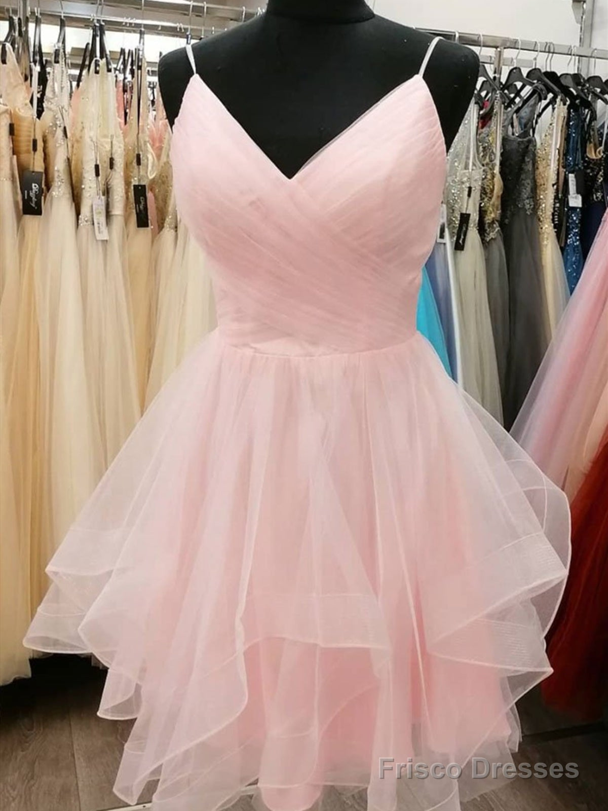 Short V Neck Pink Light Champagne Prom Dresses, V Neck Short Formal Graduation Dresses Main image