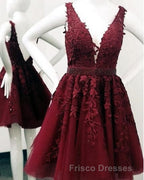 Short V-neck Tulle Formal Prom Homecoming Dress Lace Embroidery