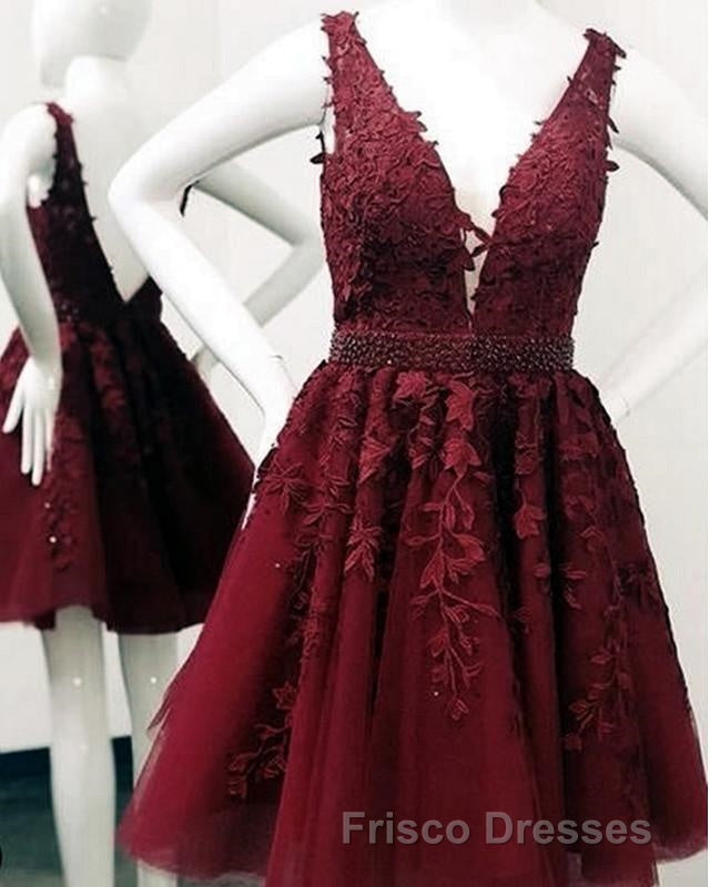 Short V-neck Tulle Formal Prom Homecoming Dress Lace Embroidery