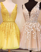 Short V-neck Tulle Formal Prom Homecoming Dress Lace Embroidery