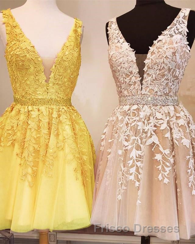 Short V-neck Tulle Formal Prom Homecoming Dress Lace Embroidery