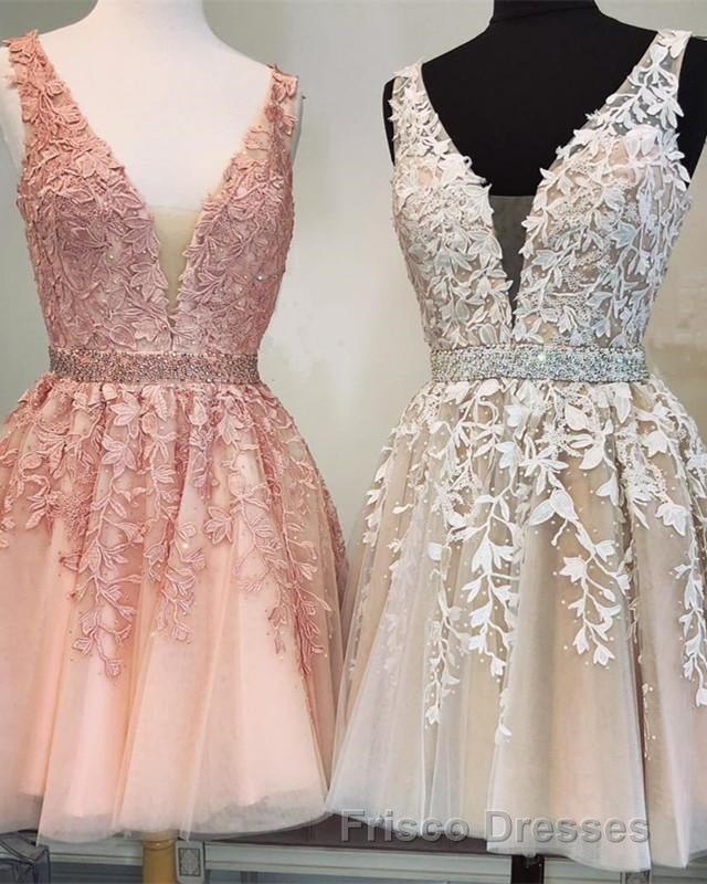 Short V-neck Tulle Formal Prom Homecoming Dress Lace Embroidery