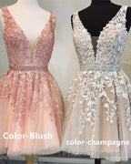 Short V-neck Tulle Formal Prom Homecoming Dress Lace Embroidery