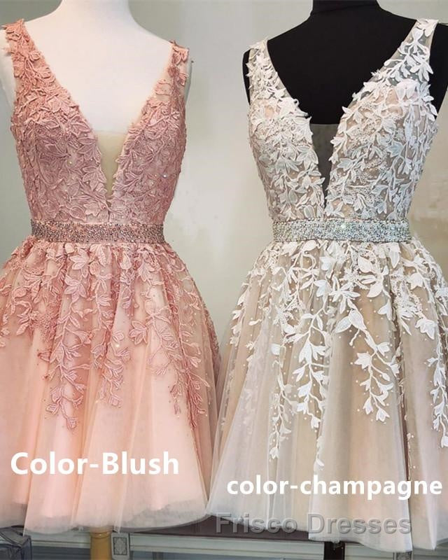 Short V-neck Tulle Formal Prom Homecoming Dress Lace Embroidery