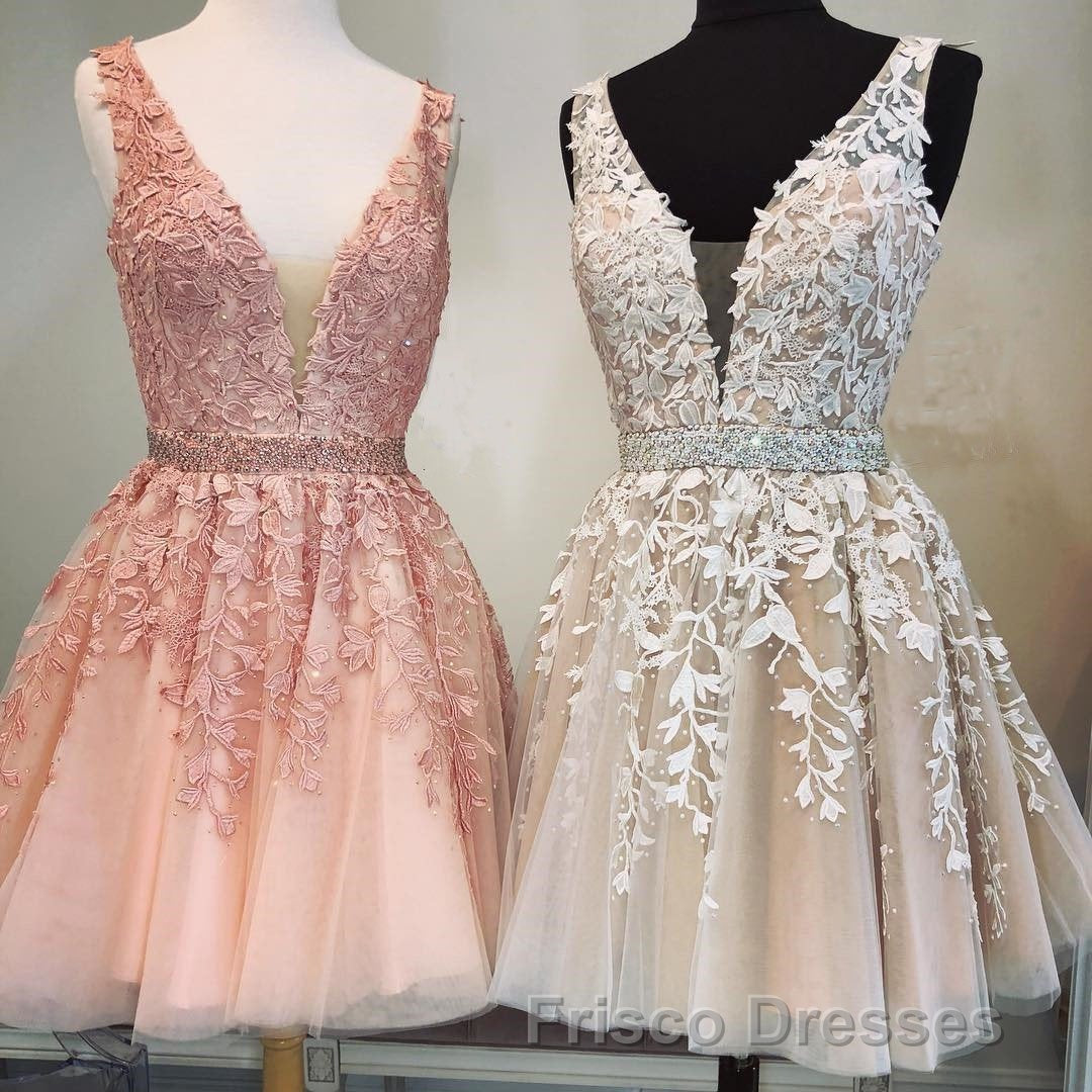 Short V-neck Tulle Formal Prom Homecoming Dress Lace Embroidery