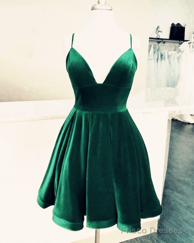 Short Velvet Prom Dresses V Neck Spaghetti Straps