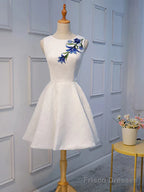 Short White Lace Floral Prom Dresses, Short White Lace Floral Formal Homecoming Dresses