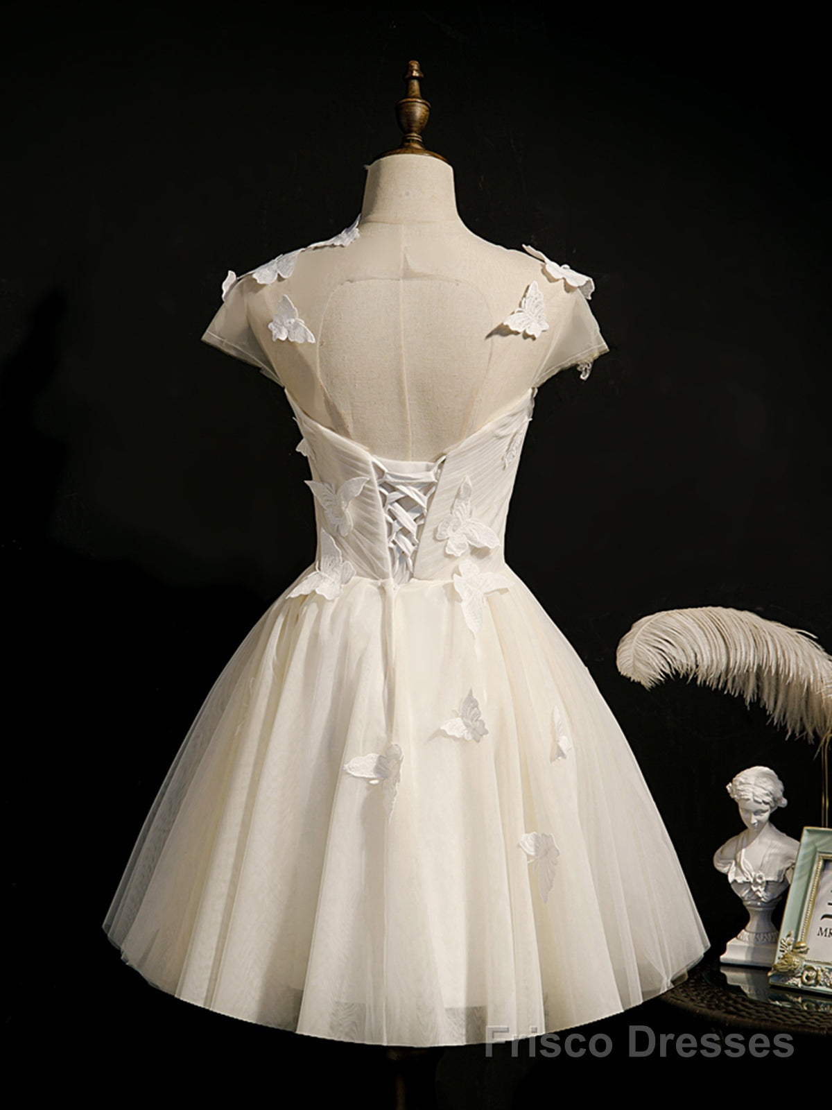 Short White Prom Dresses with Butterfly, Short White Formal Homecoming Dresses