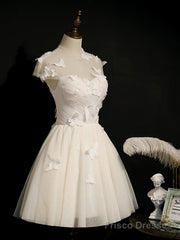 Short White Prom Dresses with Butterfly, Short White Formal Homecoming Dresses