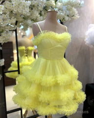 Short Yellw Tulle Ruffles Homecoming Dress