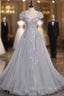 Silver A-line Long Formal Prom Dress with Cap Sleeves