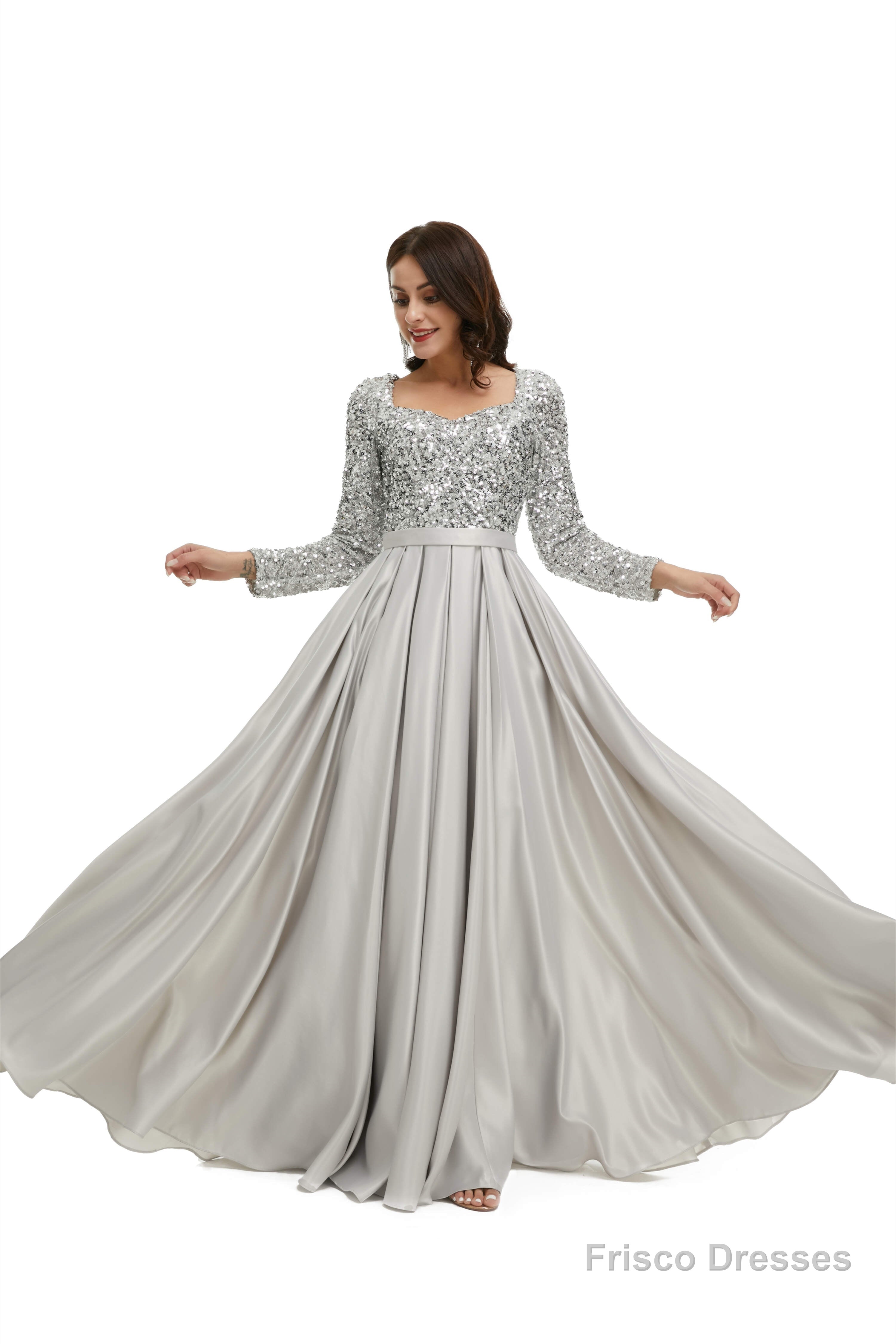 A-Line Sequins Sweet Neck Long Sleeve Prom Dresses