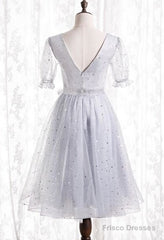 Silver A-Line Short Party Dress Birthday Dress With Short Sleeves Homecoming Dress