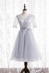 Silver A-Line Short Party Dress Birthday Dress With Short Sleeves Homecoming Dress