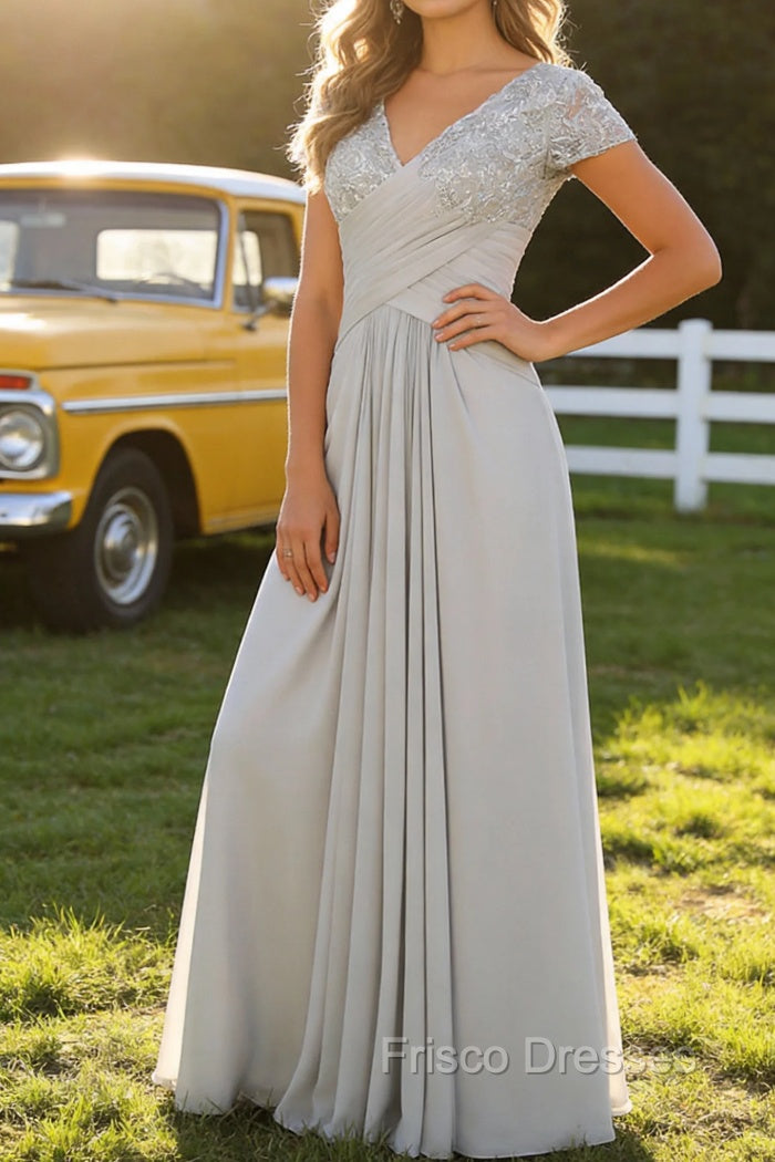 Silver A Line V Neck Ruched Mother Of The Bride Dress