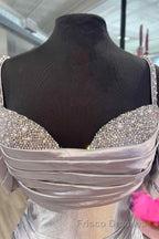 Silver Cold Sleeves Beaded Ruched Mermaid Formal Prom Dress