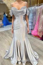 Silver Cold Sleeves Beaded Ruched Mermaid Formal Prom Dress
