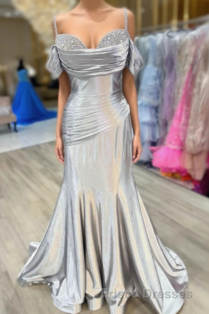 Silver Cold Sleeves Beaded Ruched Mermaid Formal Prom Dress