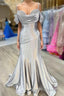 Silver Cold Sleeves Beaded Ruched Mermaid Formal Prom Dress