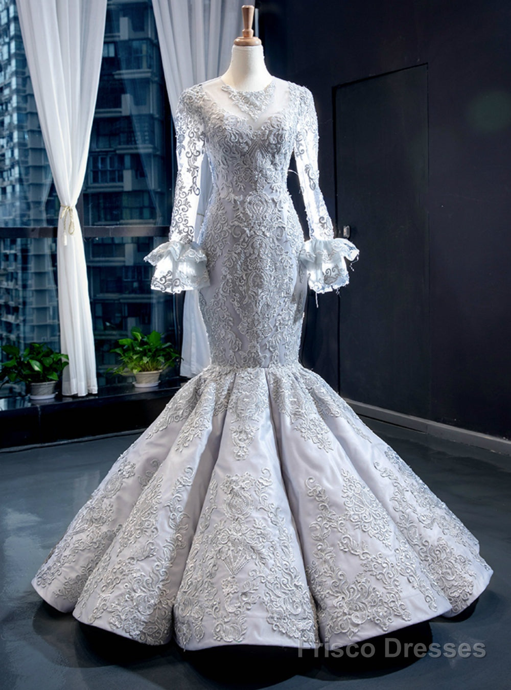 Silver Gray Mermaid Satin Lace Appliques Long Sleeve Luxury Prom Dress Main image