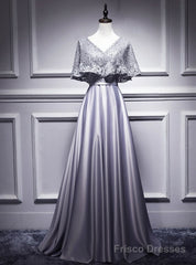 Silver Gray Satin Lace V-neck Bat Pearls Prom Dress