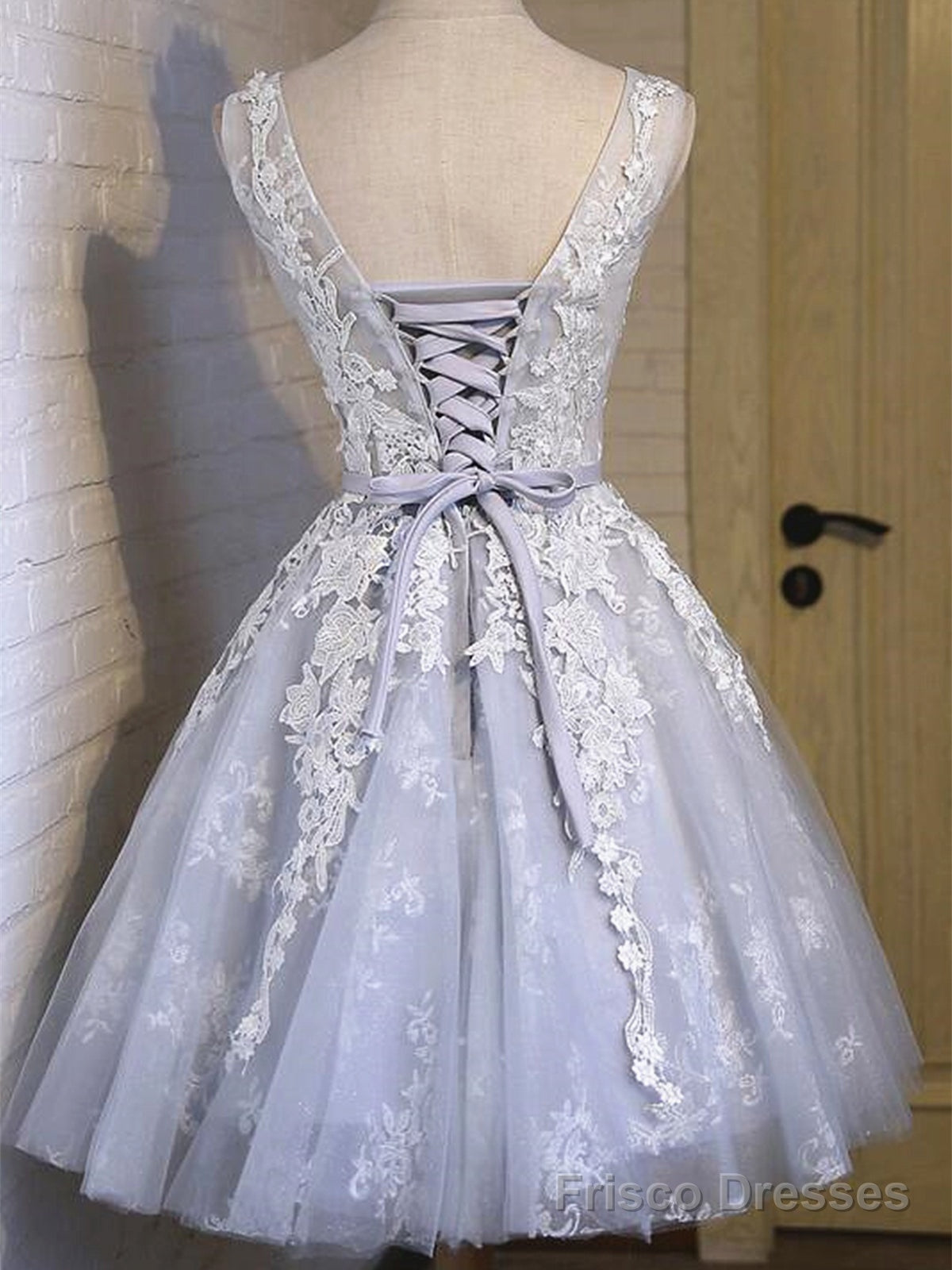 Silver Gray Short Lace Prom Dresses, Grey Short Lace Formal Homecoming Dresses Secondary image