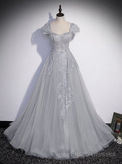 Silver Gray Tulle Appliques Beading Prom Dress