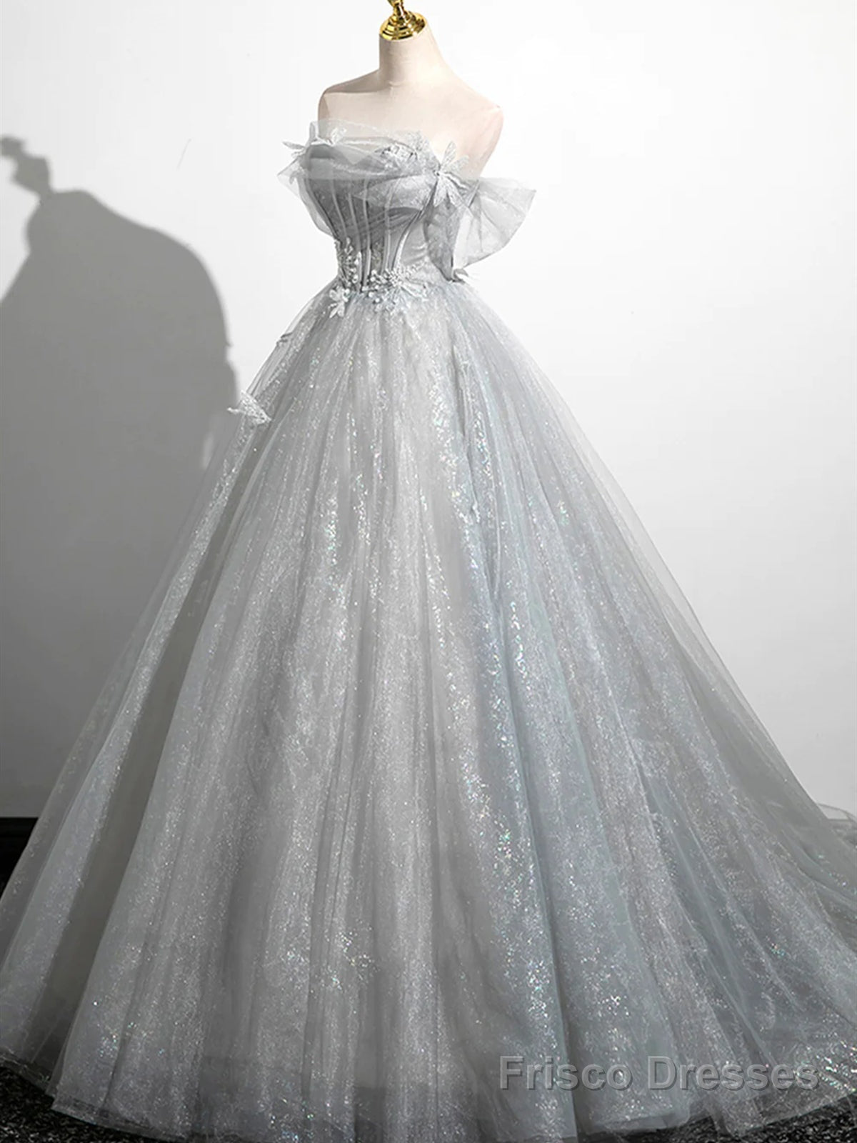 Silver Gray Tulle Lace Prom Dresses, Silver Gray Long Lace Formal Evening Dresses Main image