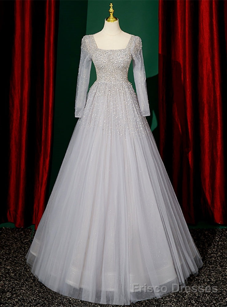 Silver Gray Tulle Long Sleeve Beading Sequins Prom Dress Main image