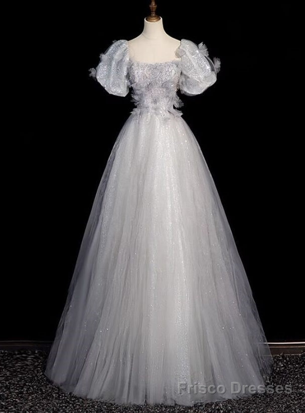 Silver Gray Tulle Sequins Puff Sleeve Prom Dress