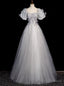 Silver Gray Tulle Sequins Puff Sleeve Prom Dress