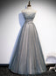 Silver Gray Tulle Sequins Strapless Beading Prom Dress