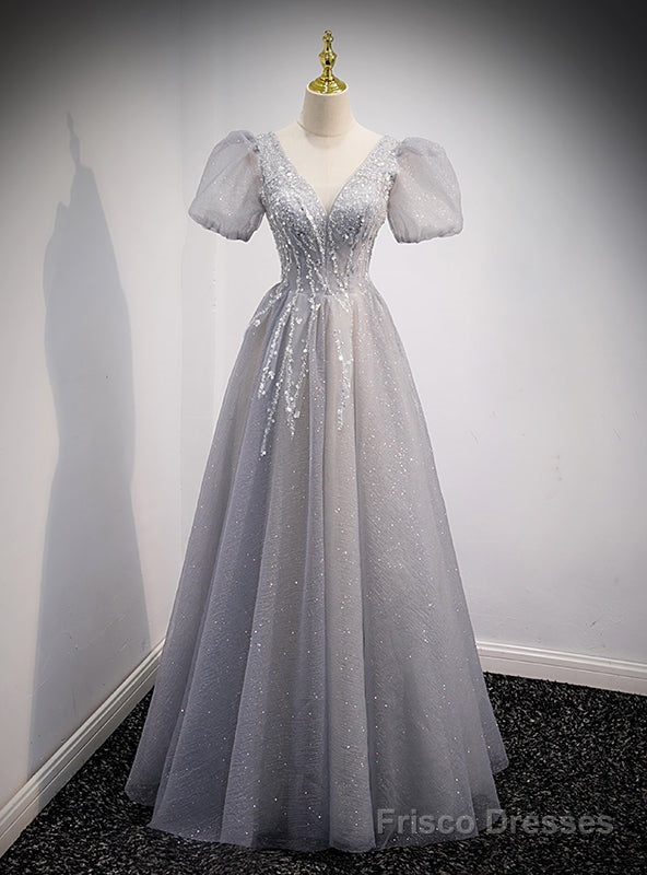 Silver Gray Tulle Sequins V-neck Beading Prom Dress Main image