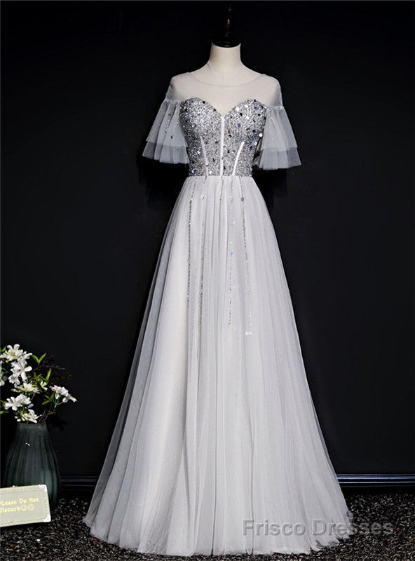 Silver Gray Tulle Short Sleeve Beading Sequins Prom Dress Main image
