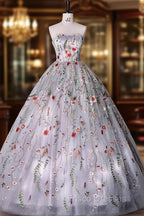 Silver Grey Strapless Ball Gown Formal Prom Dress Floral Floor Length Quinceanera Dress