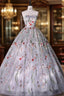 Silver Grey Strapless Ball Gown Formal Prom Dress Floral Floor Length Quinceanera Dress