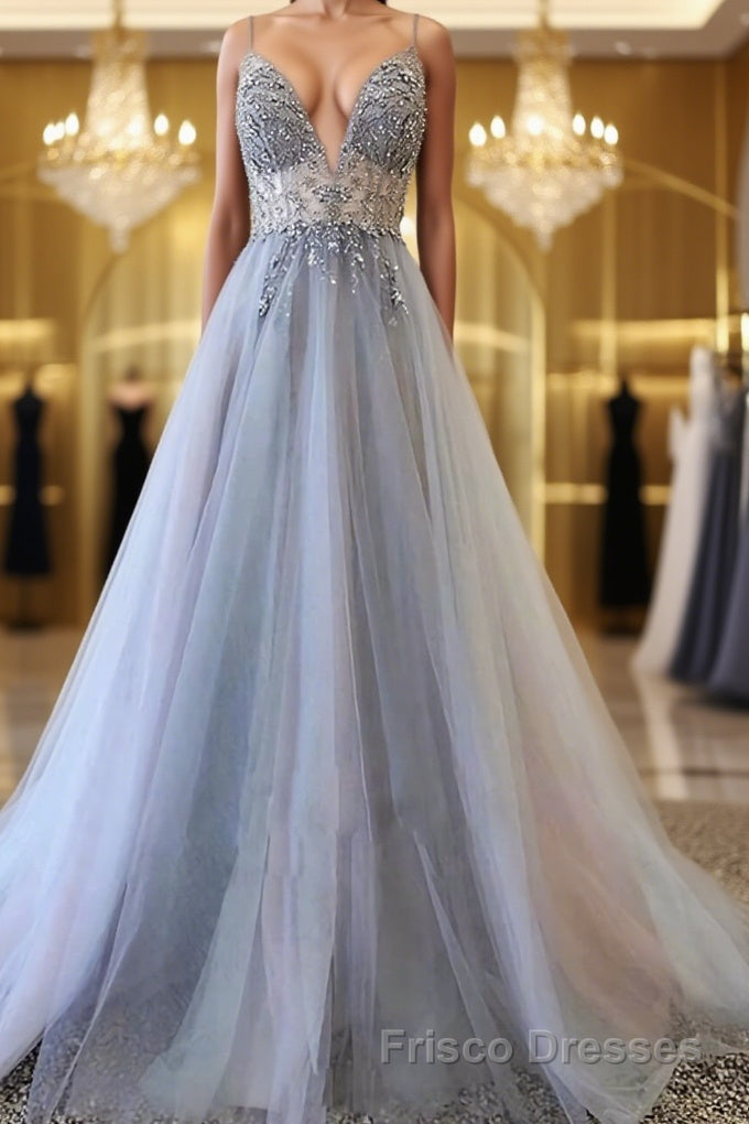 Silver Grey V Neck Floor Length Long Beaded Formal Prom Dresses, Grey Long Beaded Formal Evening Dresses Main image
