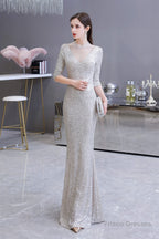 Silver Long sleeves Long Prom Dresses