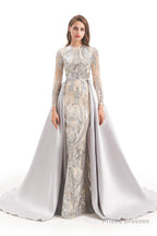 Long Sleeves Mermaid Detachable Train Prom Dresses with Train Sequined