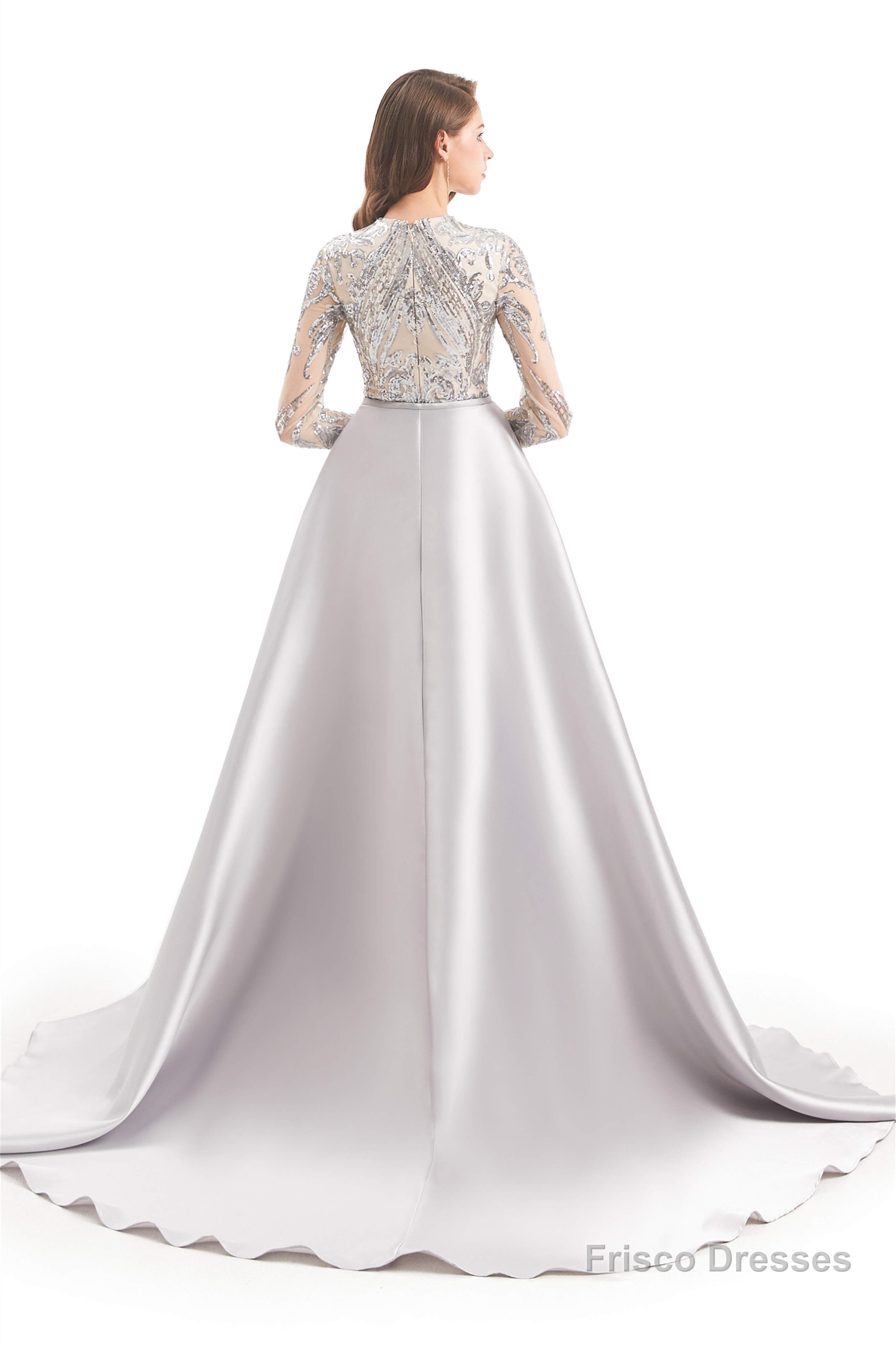 Long Sleeves Mermaid Detachable Train Prom Dresses with Train Sequined