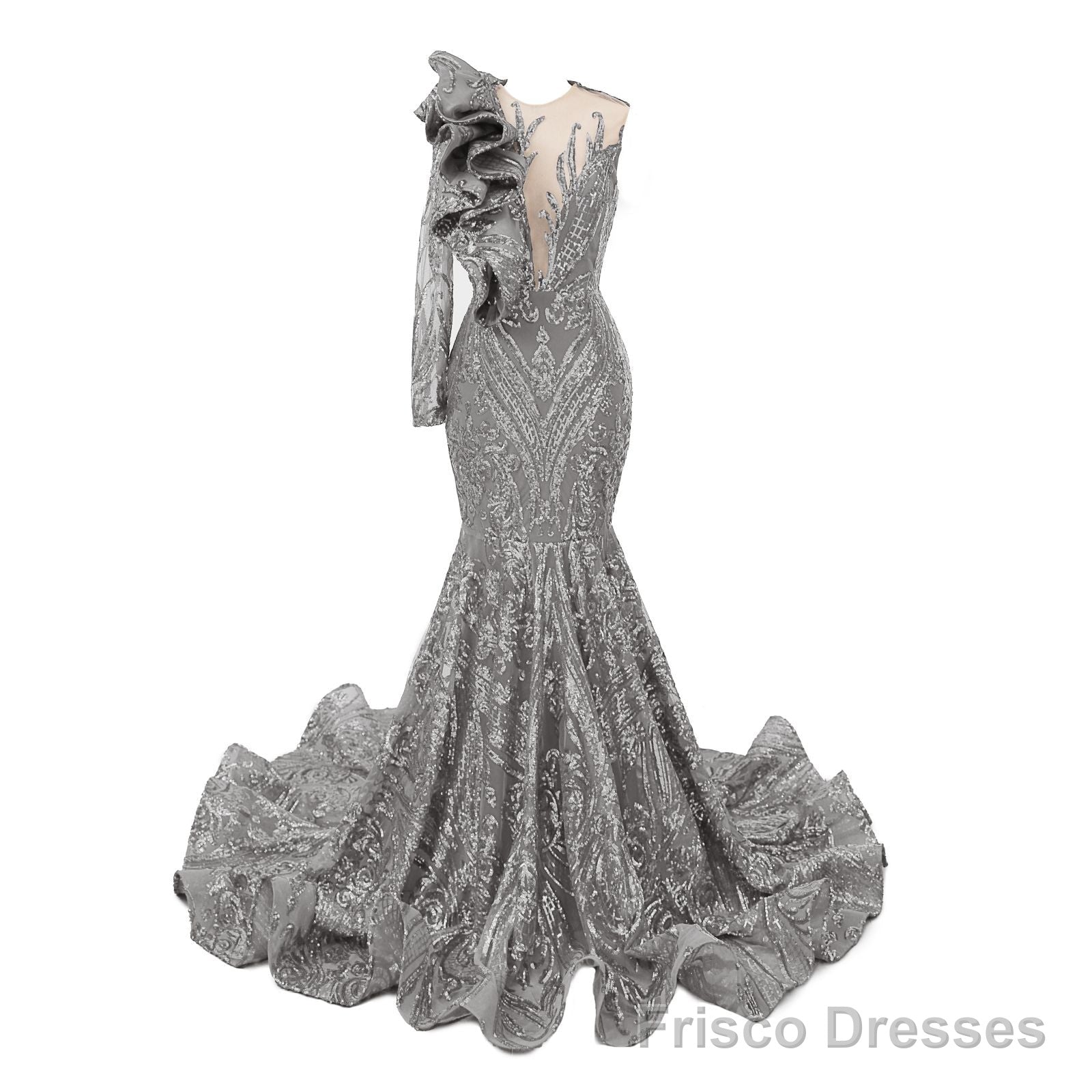Silver Mermaid One Sleeve Prom Dresses Sequined Lace Jewel Ruffles Evening Party Dress with Appliques Secondary image